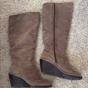 Sofft Boots Brown Leather Size 9.5 Knee High Tan Suede Zip Wedge Neutral Womens